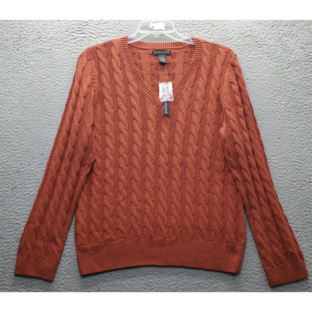 Preswick & Moore Sweater Womens XL Brown Cable Knit Long Sleeve V-Neck Pullover
